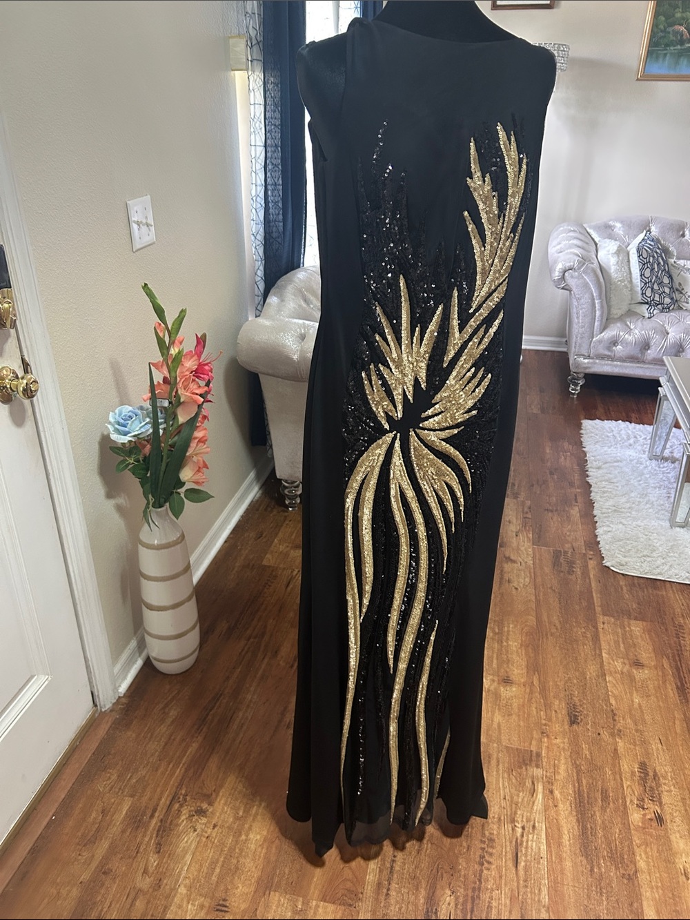 Black Maxi Wedding Dress with Gold Sequin Motif